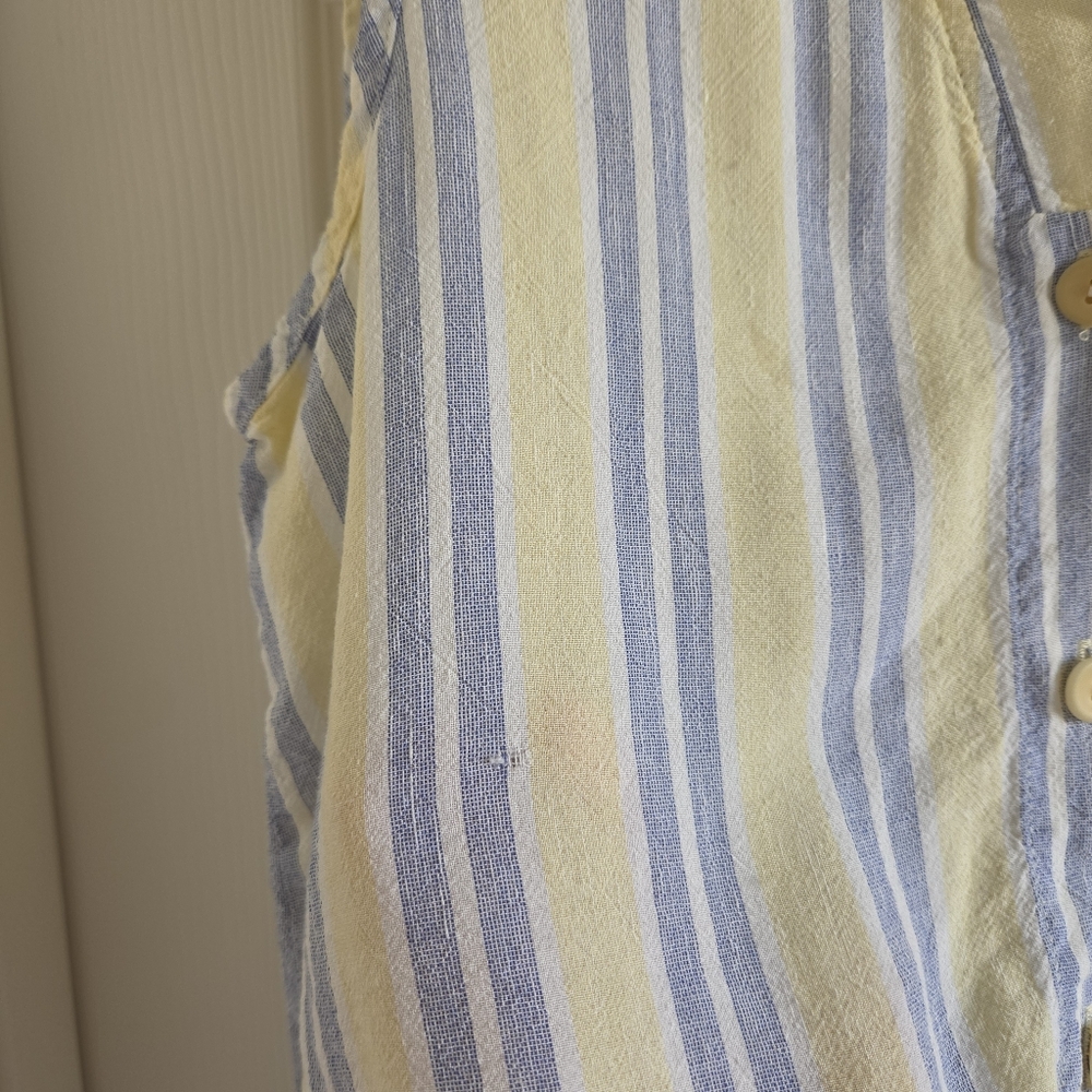 FLAX Viscose‎ Linen Blend Sleeveless Striped Shirt Butter Yellow Blue Size Small - Picture 4 of 7